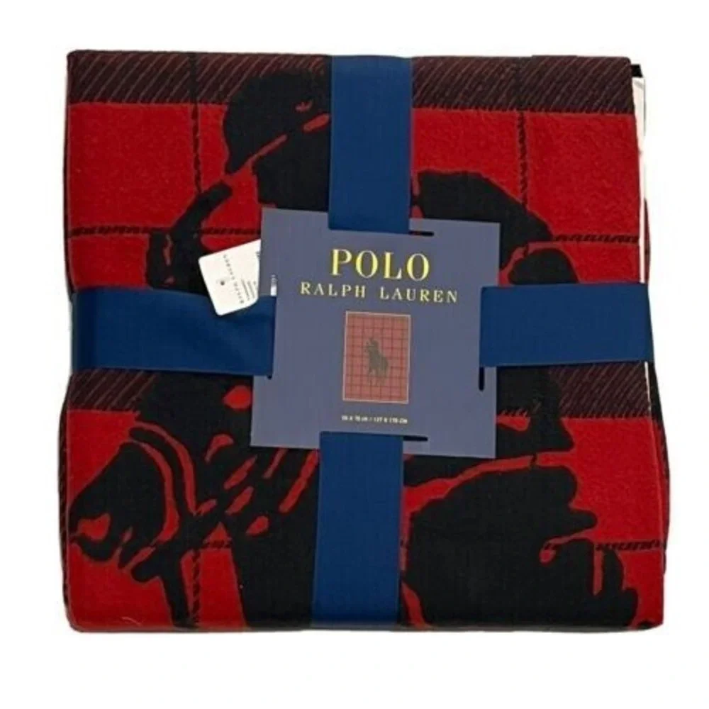 Polo Ralph Lauren Home Oakwood Cotton Throw Red Black Blanket Big Pony 50 X 70